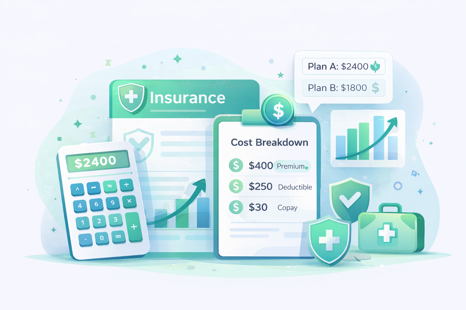 Illustration showing healthcare cost planning with insurance, calculator, and charts